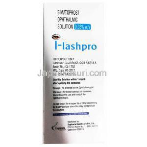 I-lashpro, Bimatoprost Eyedrop 0.03% 3ml, box back presentation with information