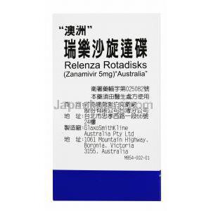 リレンザ 箱側面、商品情報