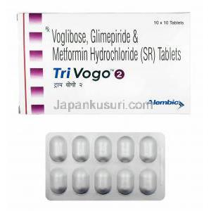 トリボゴ (グリメピリド 2mg/ メトホルミン 500mg/ ボグリボース 0.2mg) 箱、錠剤