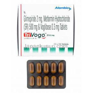 トリボゴ (グリメピリド 2mg/ メトホルミン 500mg/ ボグリボース 0.3mg) 箱、錠剤