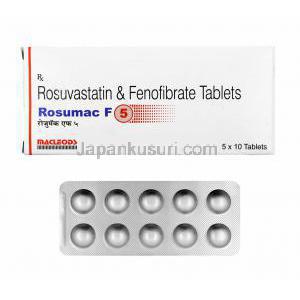 ロズスタット F (フェノフィブラート/ ロスバスタチン) 5mg 箱、錠剤
