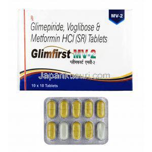 グリムファースト MV (グリメピリド/ メトホルミン/ ボグリボース) 2mg 箱、錠剤