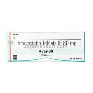 アヴァス,アトルバスタチン  80 mg, 錠剤, 箱表面