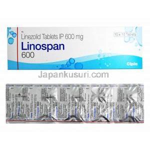 リネゾリド (ザイボックス ジェネリック),  リノスパン LINOSPAN  600mg 錠 (Cipla) 箱、錠剤