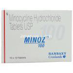 ミノサイクリン塩酸塩（ミノシンジェネリック）, Minoz, 100mg 錠 (Ranbaxy) 箱