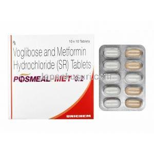 ポスミール メット (メトホルミン/ ボグリボース) 0.2mg 箱、錠剤