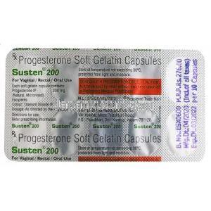 Susten, Progesterone 200mg capsule blister pack back