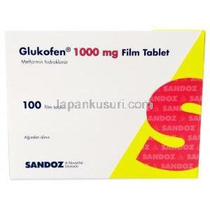 グルコフェン, メトホルミン 1,000 mg, 製造元：Sandoz, 箱表面