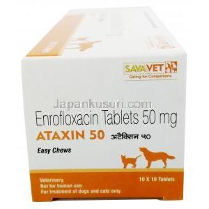 アタキシン チュアブル, エンロフロキサシン 50mg, 製造元：SAVA Healthcare Limited,箱側面