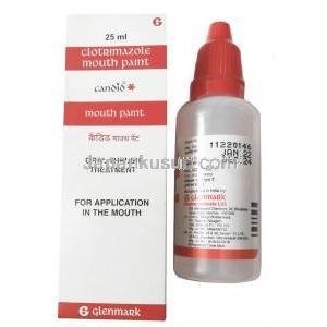 カンディッド 口腔外用液 クロトリマゾール 1%w/v, 口腔外用液 25ml, 製造元：Glenmark, 箱, ボトル情報