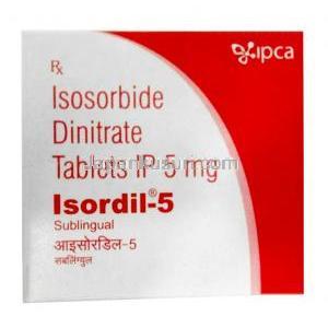 イソルディル-5, 二硝酸イソソルビド 5 mg, 製造元：Ipca Laboratories, 箱表面