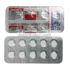 イソルディル-5, 二硝酸イソソルビド 5 mg, 製造元:Ipca Laboratories, シート表面, シート裏面