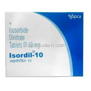 イソルディル-10, 二硝酸イソソルビド 10 mg, 製造元:Ipca Laboratories, 箱表面