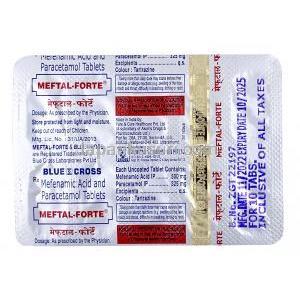 メフタル フォルテ, メフェナム酸 500mg/ アセトアミノフェン 325mg, 製造元:Blue Cross Laboratories Ltd, シート情報