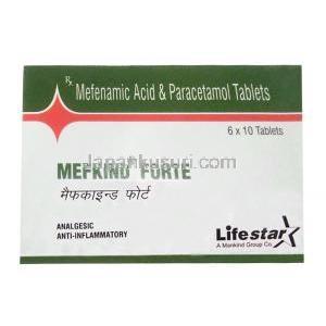 メフキンドフォルテ,メフェナム酸 500mg/ アセトアミノフェン 325mg, 製造元:Mankind Pharma Ltd, 箱表面