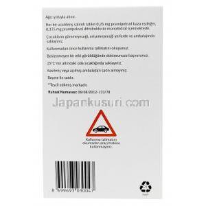 ペクソーラ ER, プラミペキソール 0.375mg, 製造元:Boehringer Ingelheim, 箱裏面