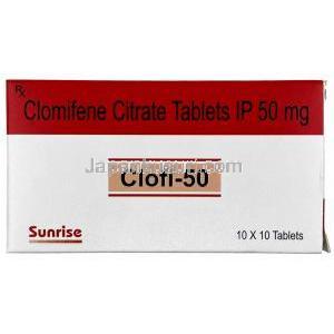 クロフィ,クロミフェン50mg, 製造元:Sunrise Remedies, 箱表面