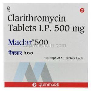 マクラー 500, クラリスロマイシン500mg, 製造元:Glenmark,箱表面