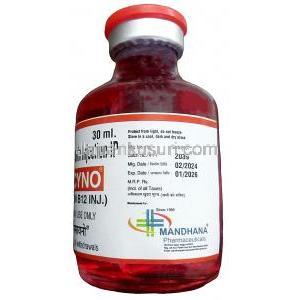 ジェイエスシノ注射,シアノコバラミン 500mg, 注射バイアル 30mL, 製造元：Mandhana Pharmaceuticals, ボトル情報, 製造日, 消費期限