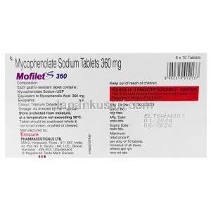 モフィレット S, ミコフェノール酸モフェチル 360 mg, 製造元：Emcure Pharma, 箱情報