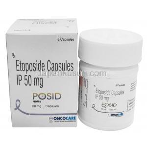 ポシド, エトポシド 50mg, 8カプセル, 製造元:Cadila Pharmaceuticals, 箱, ボトル