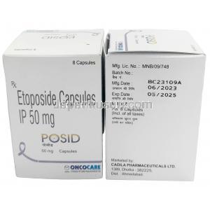 ポシド, エトポシド 50mg, 8カプセル, 製造元:Cadila Pharmaceuticals, 箱表面, 箱情報