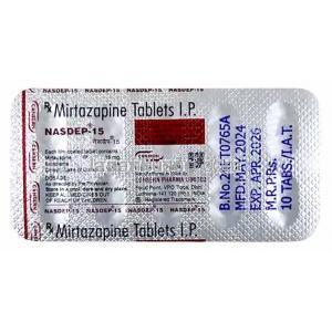 ナスデップ, ミルタザピン 15mg, 製造元:Consern Pharma,シート情報