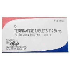 テルビカド, テルビナフィン 250 mg, 7 錠, 製造元:Cadila Pharmaceuticals Ltd, 箱表面