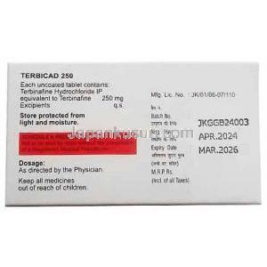 テルビカド, テルビナフィン 250 mg, 7 錠, 製造元:Cadila Pharmaceuticals Ltd, 箱情報