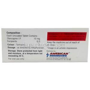 オラナ 10, オランザピン 10 mg, 製造元:American Remedies,箱情報, 成分