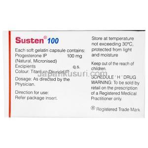 サステン 100, 微粉化天然プロゲステロン 100mg, ソフトゼラチンカプセル, 製造元：Sun Pharmaceutical Industries,箱情報