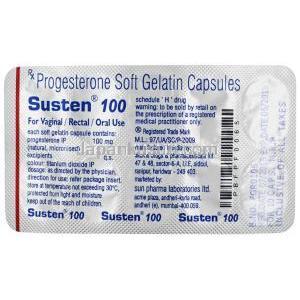 サステン 100, 微粉化天然プロゲステロン 100mg, ソフトゼラチンカプセル, 製造元：Sun Pharmaceutical Industries,シート情報(新包装)