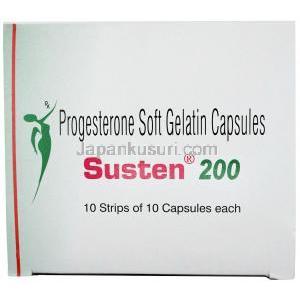 サステン 200, 微粉化天然プロゲステロン 200mg, ソフトゼラチンカプセル, 製造元：Sun Pharmaceutical Industries,箱表面