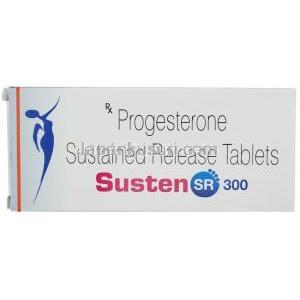 サステン 300, 微粉化天然プロゲステロン 300mg, 徐放性錠, 製造元：Sun Pharmaceutical Industries,箱表面