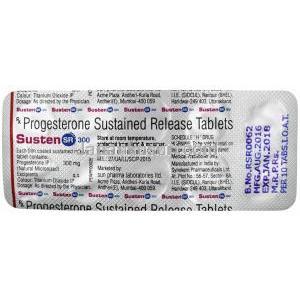 サステン 300, 微粉化天然プロゲステロン 300mg, 徐放性錠, 製造元：Sun Pharmaceutical Industries,シート情報