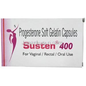 サステン 400, 微粉化天然プロゲステロン 400mg, ソフトゼラチンカプセル, 製造元：Sun Pharmaceutical Industries,箱表面