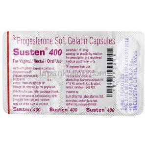 サステン 400, 微粉化天然プロゲステロン 400mg, ソフトゼラチンカプセル,製造元：Sun Pharmaceutical Industries,シート情報