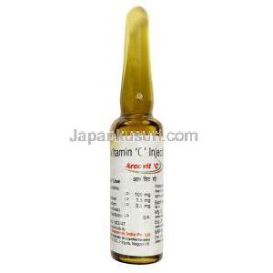 アルコビットC 注射,ビタミンC, 100mg, 5mL アンプル X 1本,製造元:Arco lifesciences pvt ltd, アンプル情報
