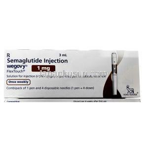 ウゴービ, セマグルチド 1 mg, ペン型注射 (コンビパック)  4回分, 3 mL, 製造元：ノボノルディスクファーマインド, 箱表面