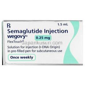 ウゴービ, セマグルチド 0.25 mg, ペン型注射 (コンビパック)  4回分, 1.5 mL, 製造元：ノボノルディスクファーマインド, 箱表面