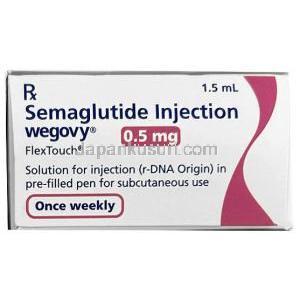 ウゴービ, セマグルチド 0.5 mg, ペン型注射 (コンビパック)  4回分, 1.5 mL, 製造元：ノボノルディスクファーマインド, 箱側面