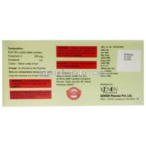 フェラビル 200, ファビピラビル 200 mg, 34 錠, 製造元：Xenon Pharma, 箱情報, 成分, 注意事項