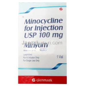 ミニュム注射, ミノサイクリン 100 mg, バイアル, 製造元：Glenmark Pharmaceuticals,箱表面