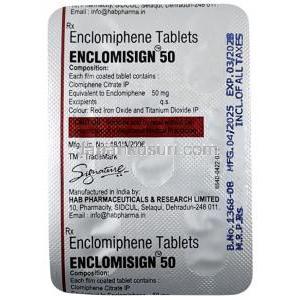 エンクロミサイン, エンクロミフェン 50 mg, 5 錠, 製造元：HAB Pharma, シート情報