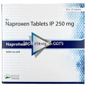 ナプロヒール, ナプロキセン 250 mg, 製造元：Healing Pharma India Pvt Ltd, 箱表面