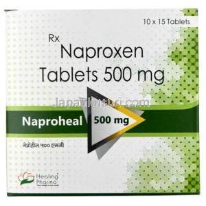 ナプロヒール, ナプロキセン 500 mg, 製造元：Healing Pharma India Pvt Ltd, 箱表面