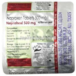 ナプロヒール, ナプロキセン 500 mg, 製造元：Healing Pharma India Pvt Ltd, シート情報