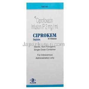 シプロケム静脈点滴液, シプロフロキサシン 1mLあたり 2 mg, 静脈点滴液 100 mL, 製造元：Alkem Laboratories Ltd, 箱表面