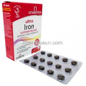 ビタバイオティクス ウルトラ アイロン,ビタミンC 80mg/葉酸 200μg/ビタミンB12 10μg/ 鉄分 14mg, 製造元：Vitabiotics Ltd, 箱, シート