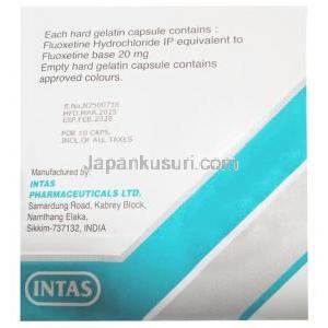 フルニル,フルオキセチン 20 mg, カプセル, 製造元：Intas Pharma, 箱情報